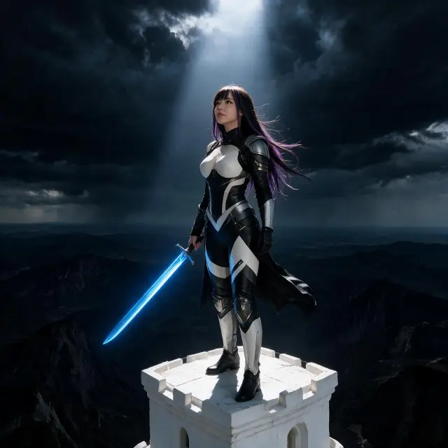 A lone female warrior in black and white leather armor with a few metallic strips stands on the highest point of a tall white stone tower high above the world. The sky is very dark with heavy storm clouds. A single narrow ray of pale white light shines down on her, lighting her hair and face. She holds only one sword, and only the sword glows bright blue. She looks out over a vast, cursed land of black mountains and deep shadows. The mood is grim, mythic, windswept, and full of quiet fatalism