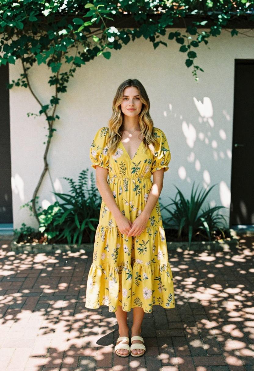 Marigold tiered floral dress with puffed sleeves in a sun-filled garden courtyard