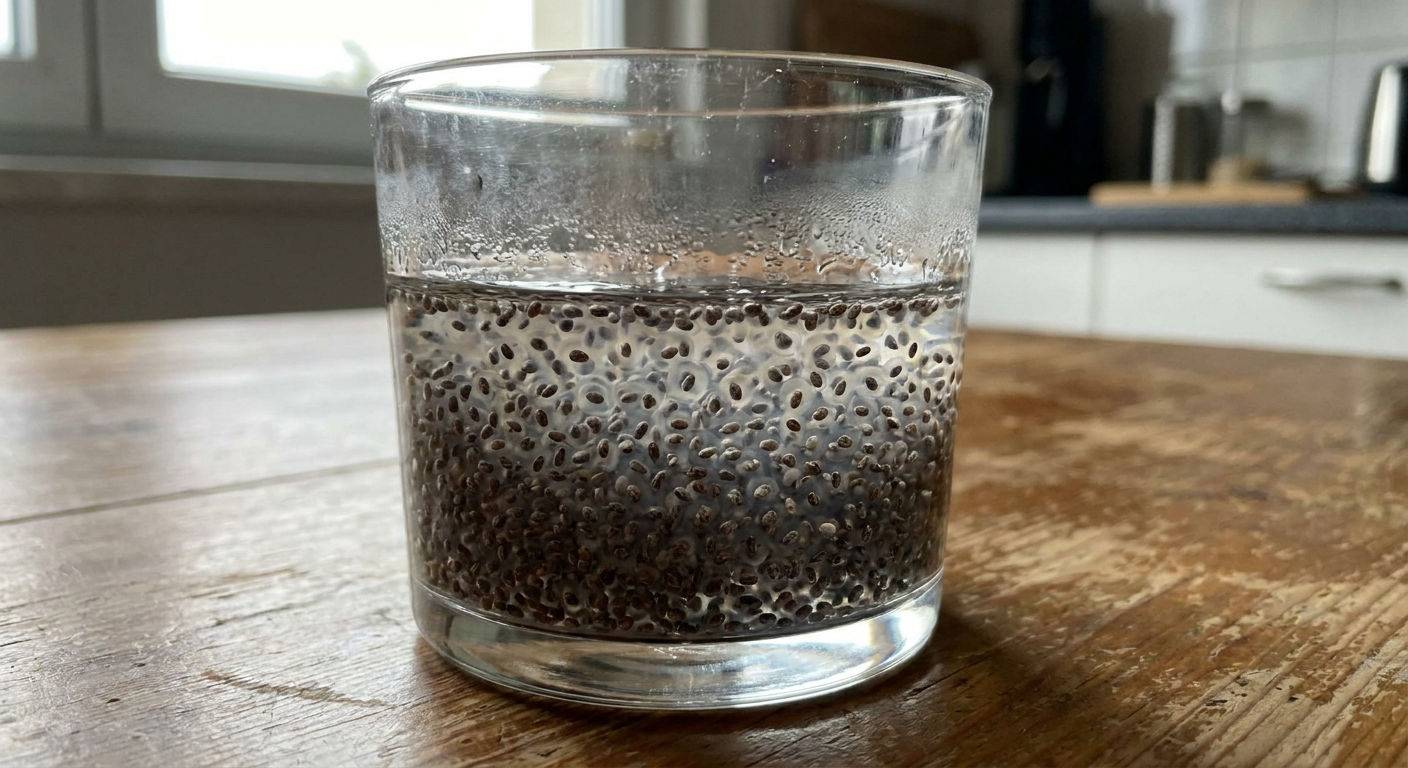 Zblizenie na nasiona chia pęczniejące w wodzie.