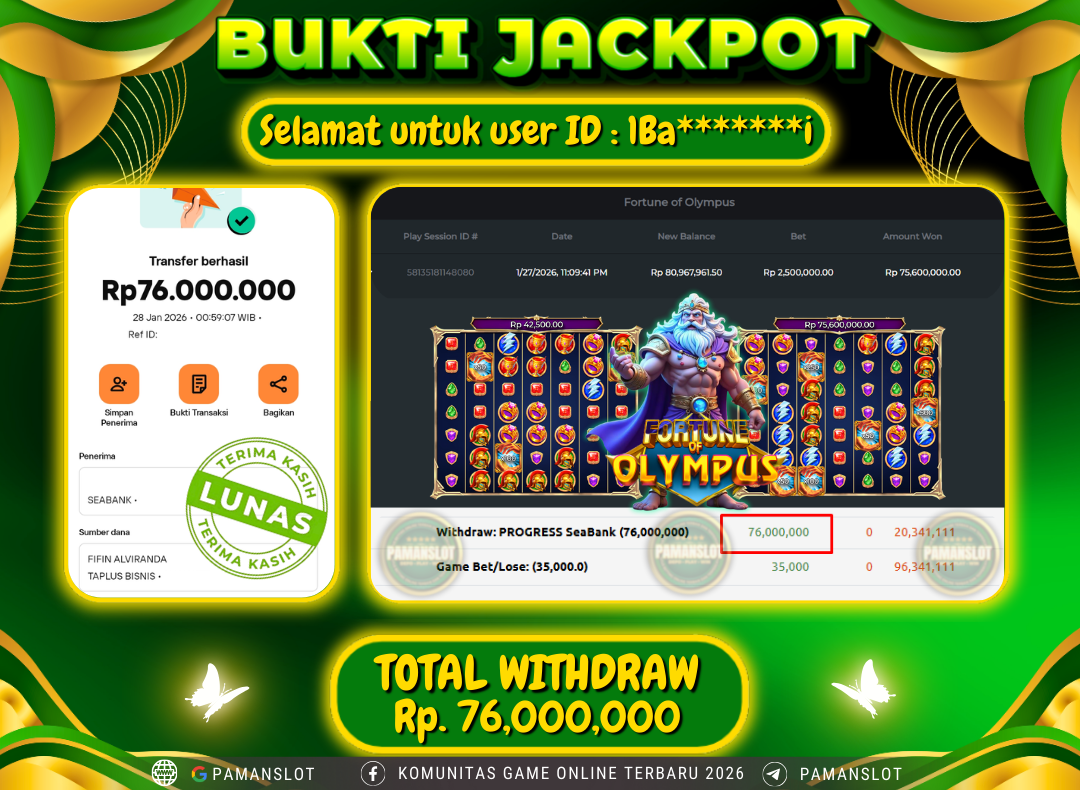 PAMANSLOT JACKPOT Game PP - Fortune of Olympus Rp.76,000,000- LUNAS