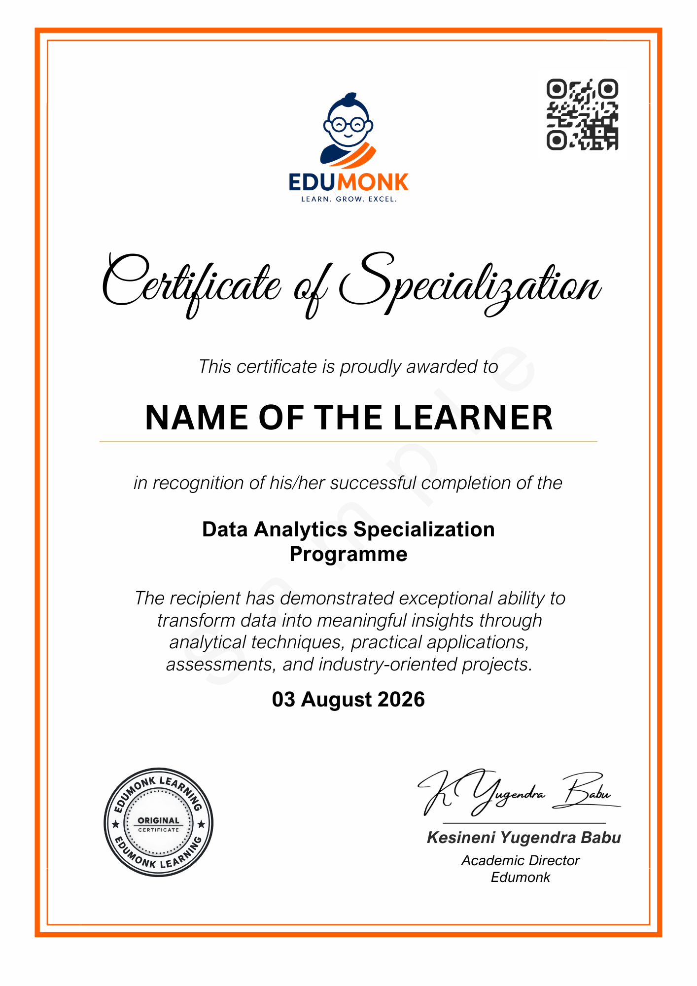 Sample Data Analytics Certificate of Specialisation by EduMonk Sample EduMonk Data Analytics Certificate of Specialisation showing the programme credential layout