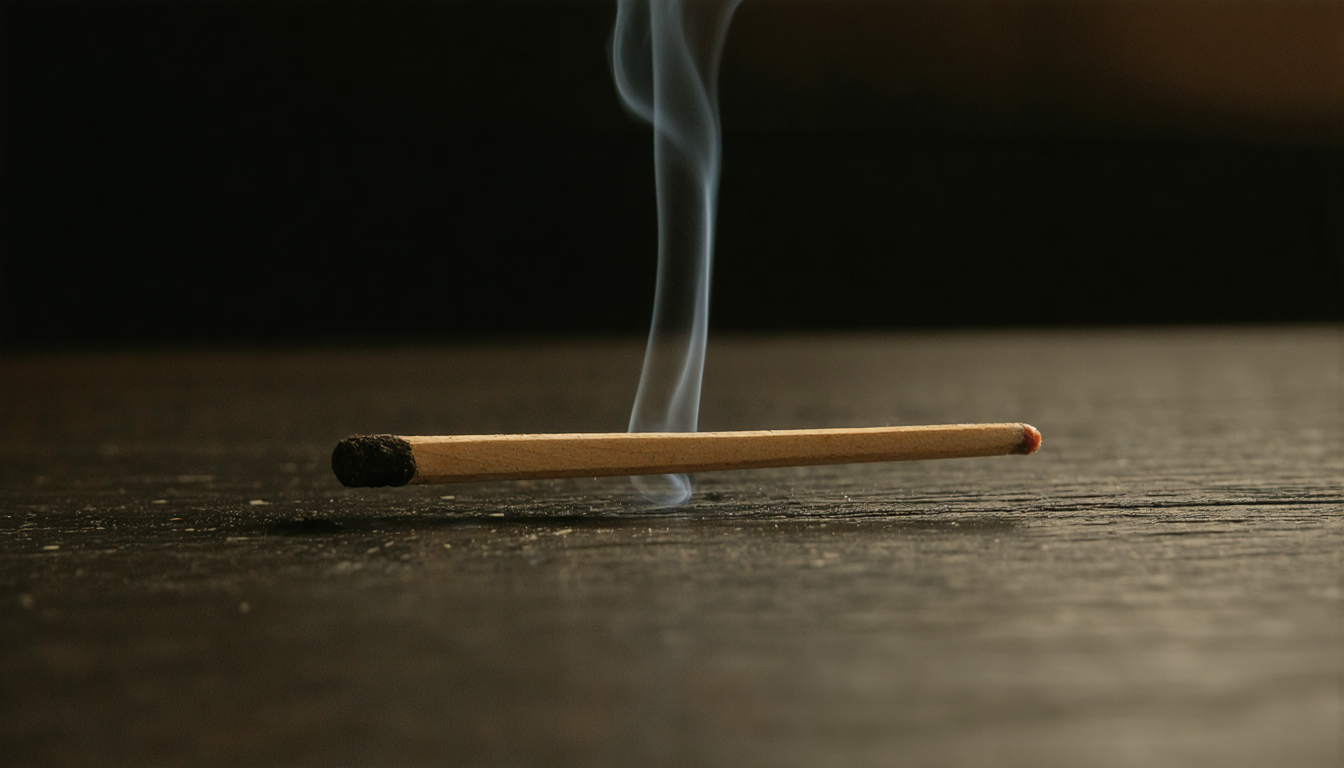 A spent matchstick lying on a dark wooden surface, smoke still rising.