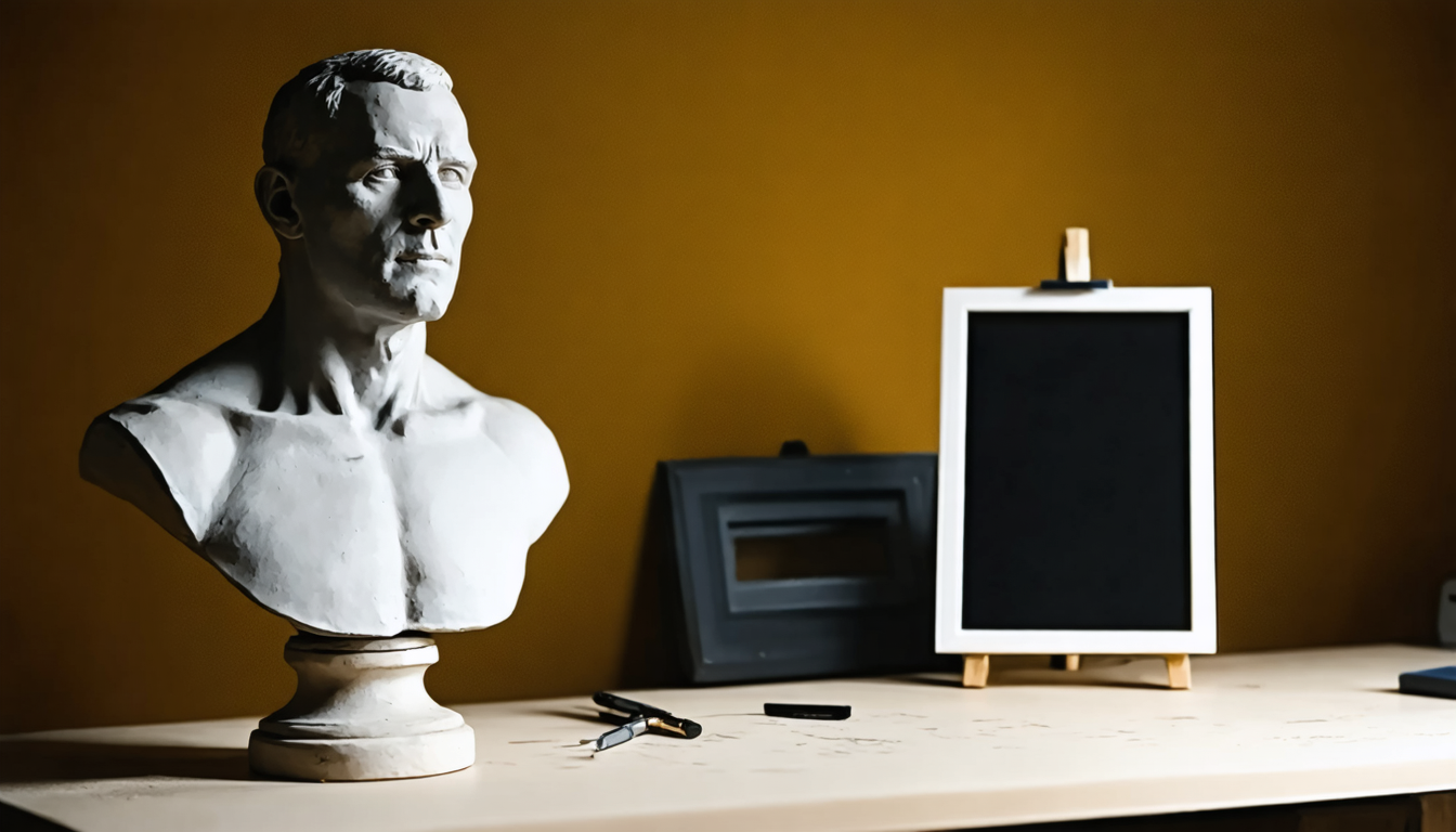 A clay reconstruction bust resting on a workbench next to a small photograph, lit from one side against deep shadow.