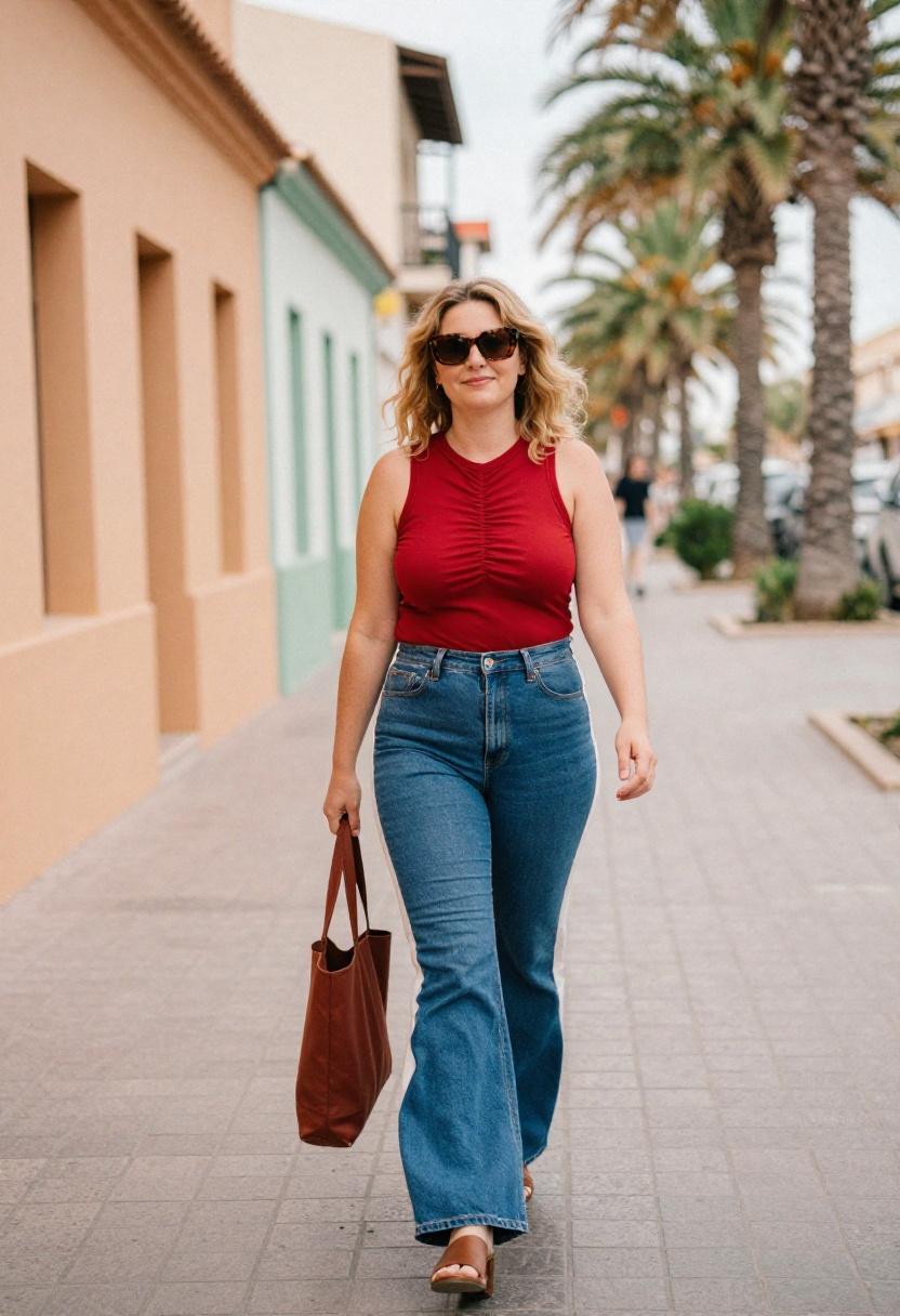 Curvy woman in color-block flare jeans and cherry red ruched top on breezy coastal street