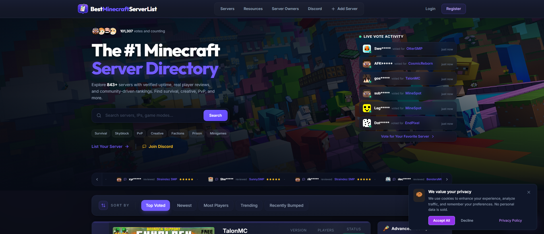 Screenshot of top100minecraft.com