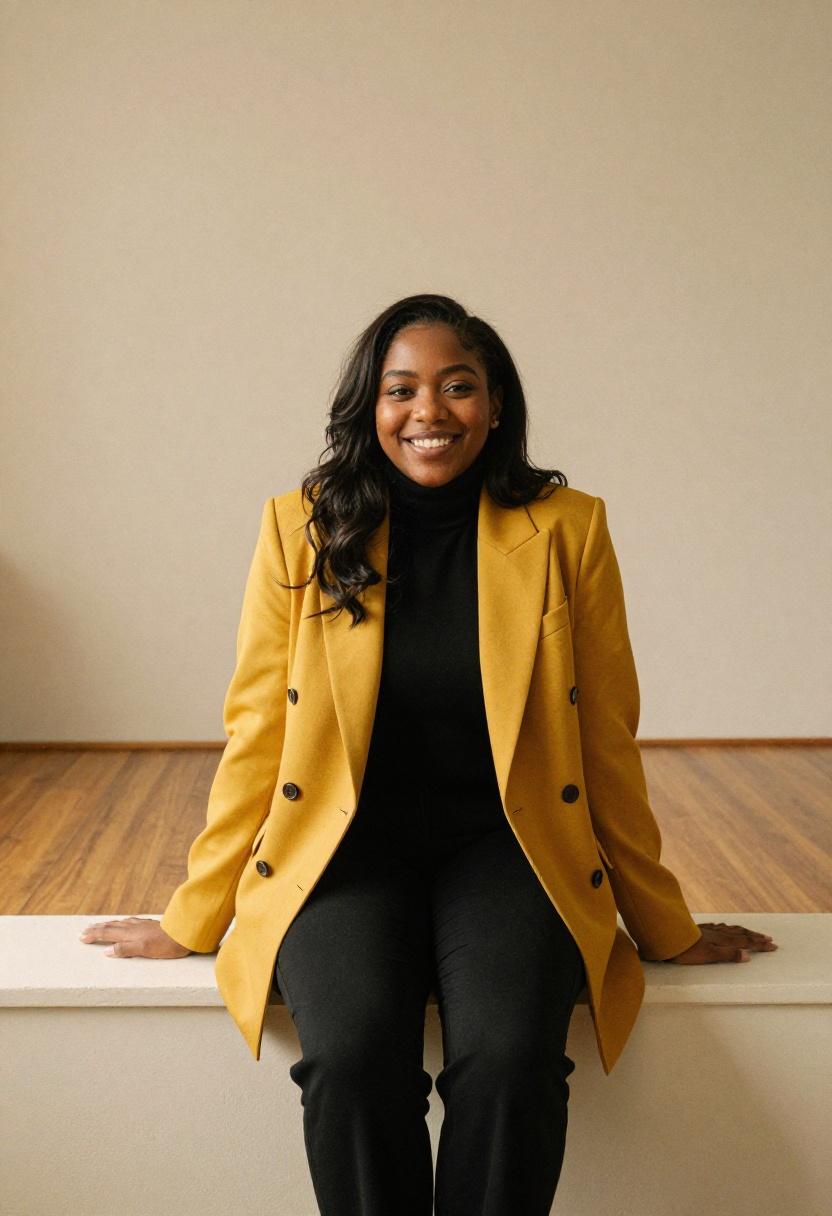 Mustard yellow double breasted blazer over black turtleneck and straight trousers for warm power dressing