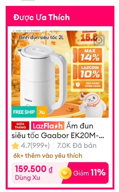Ấm đun siêu tốc Gaabor EK20M-WH02A dung tích 2L lòng ấm inox cao cấp vỏ 2 lớp cách nhiệt an toàn sử dụng - Bảo hành 12 tháng 1 đổi 1
