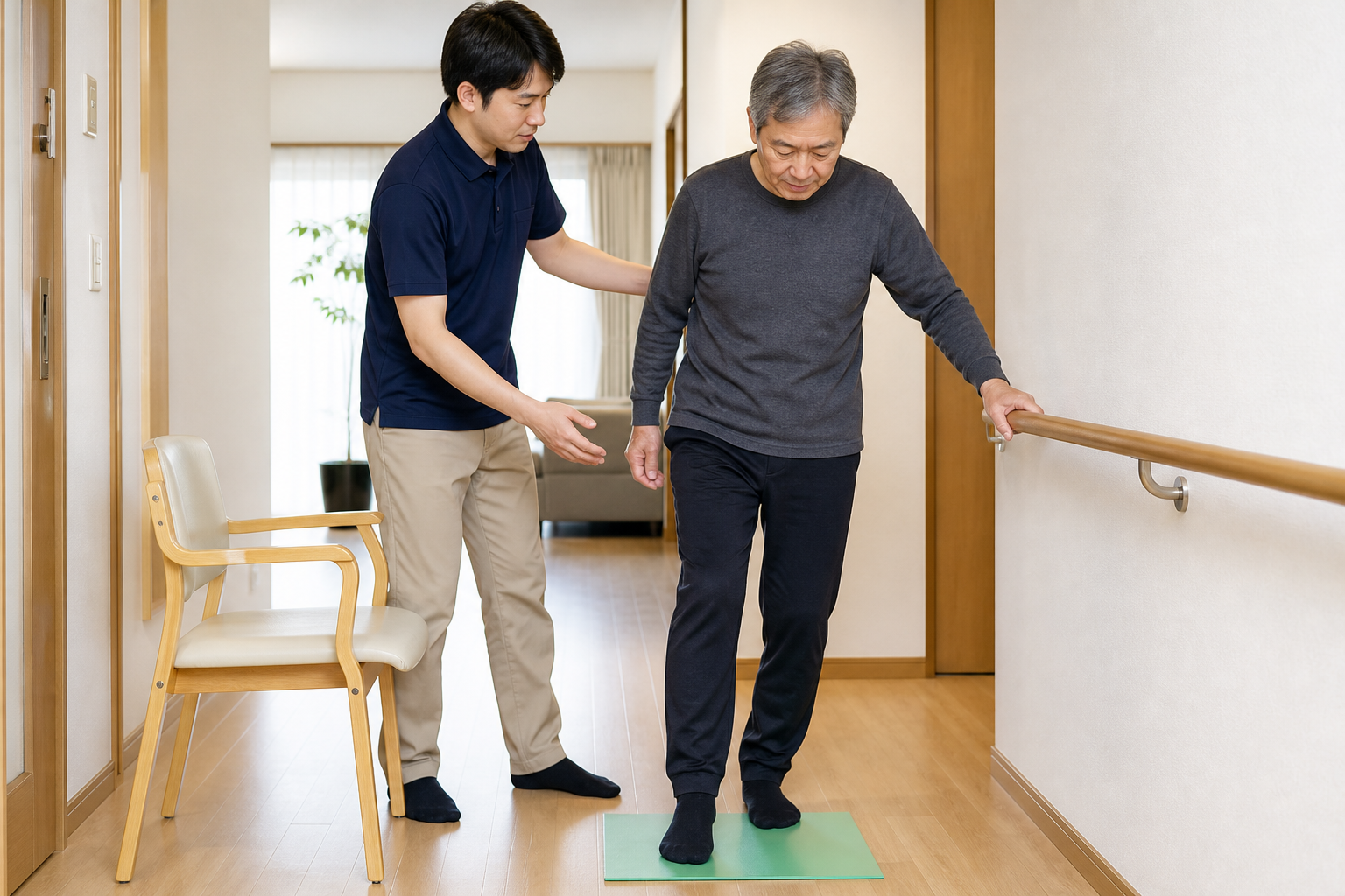 家庭内で専門職の見守りのもと平らな目印へのステップを練習する様子