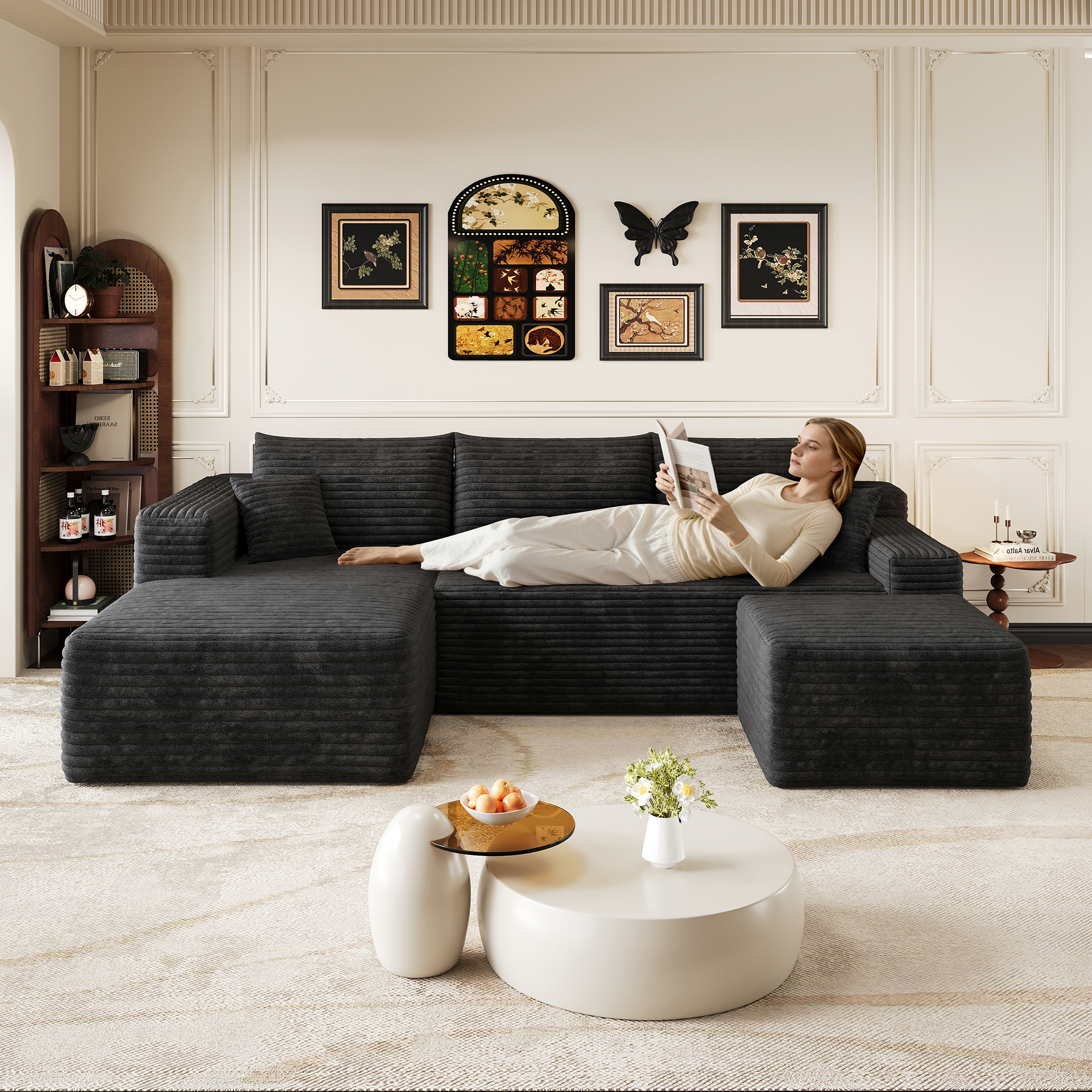 Canapé d'angle modulable noir dans le salon