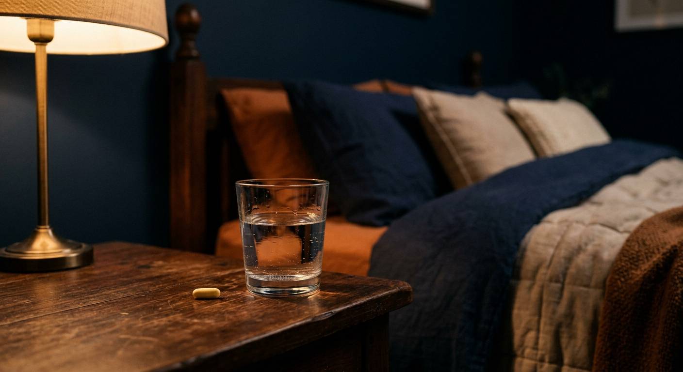 Magnesiumkapsel und wasserglas als abendroutine vor dem schlafen.
