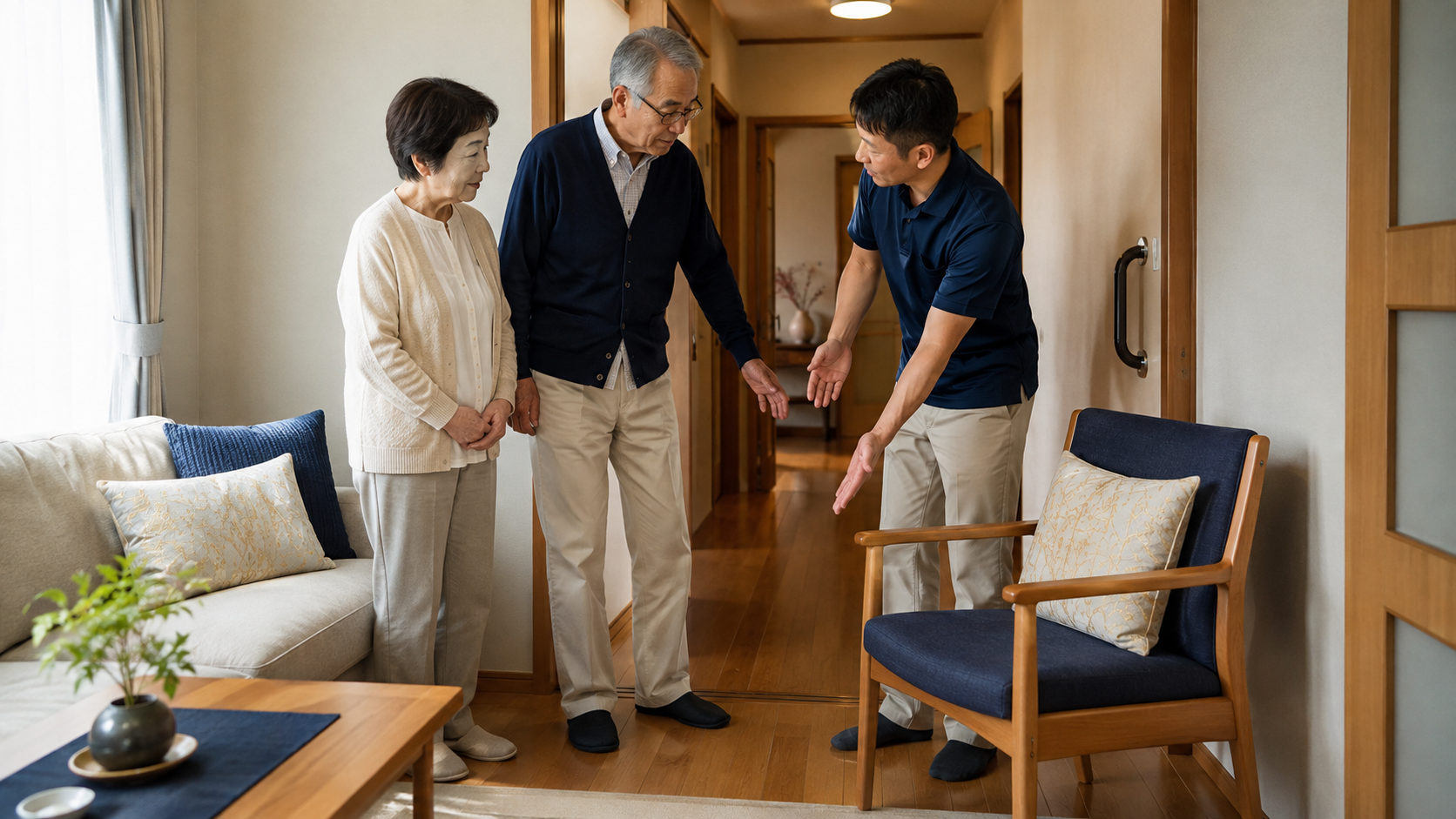 パーキンソン病のある人と家族が専門職と自宅動作の安全を確認する様子