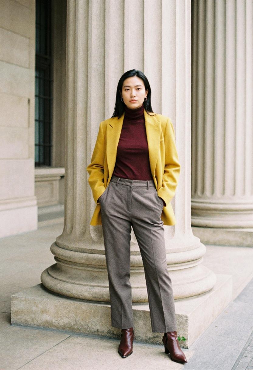 Mustard yellow blazer layered over a deep burgundy turtleneck for a bold sophisticated spring professional contrast