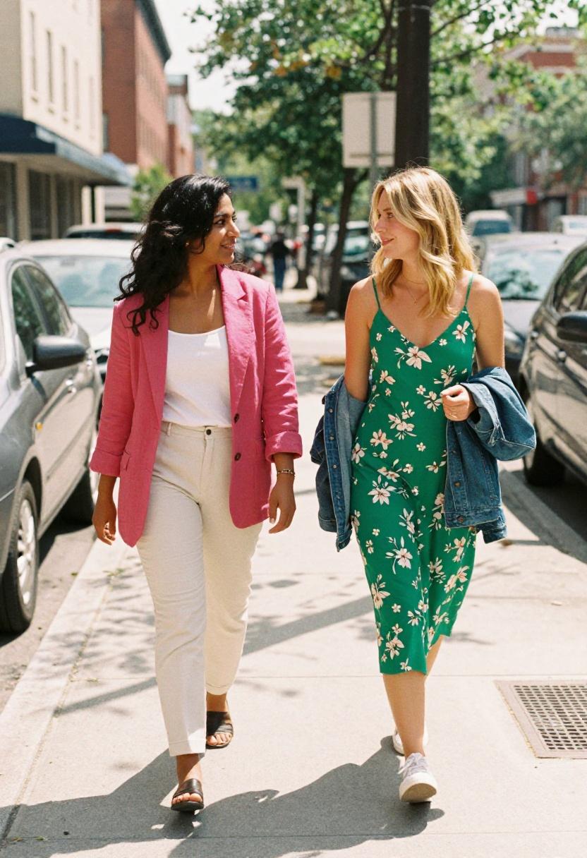 Woman wearing fuchsia linen blazer and another in emerald floral slip dress, two brunch outfit options