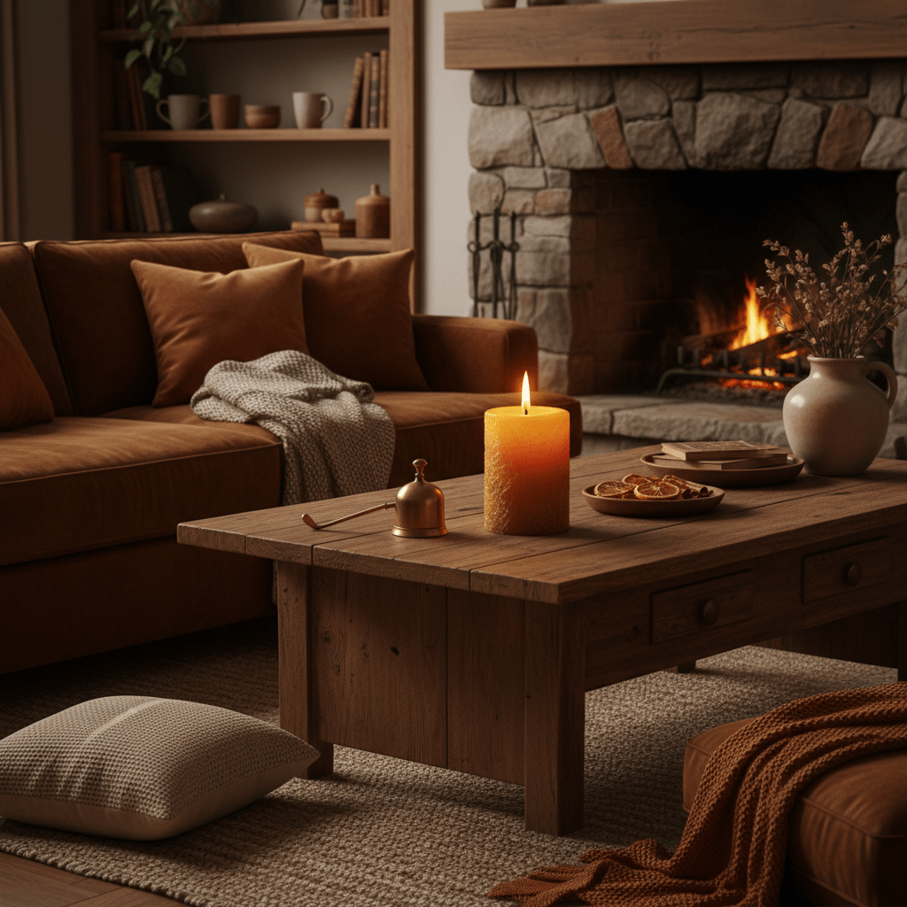 A cozy living room with a lit beeswax candle on a coffee table, warm amber glow, subtle smoke-free flame, calm home atmosphere
