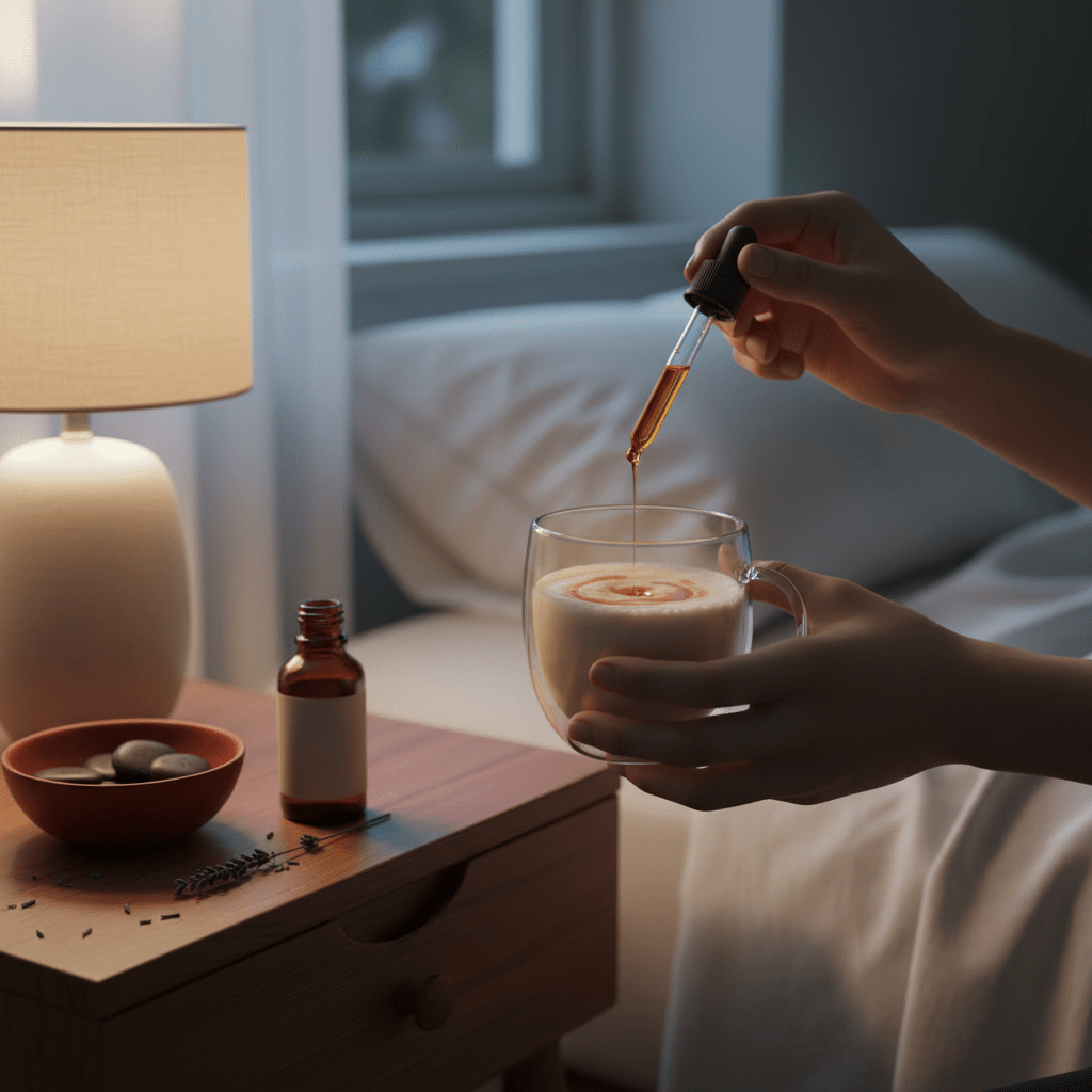 Serene nighttime wellness routine with oil dropper and warm milk