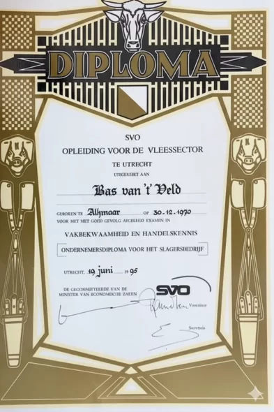 Ondernemersdiploma Slagersvakopleiding - 19-06-1995 - Bas van 't Veld - Vleeskopenbijdeboer.nl