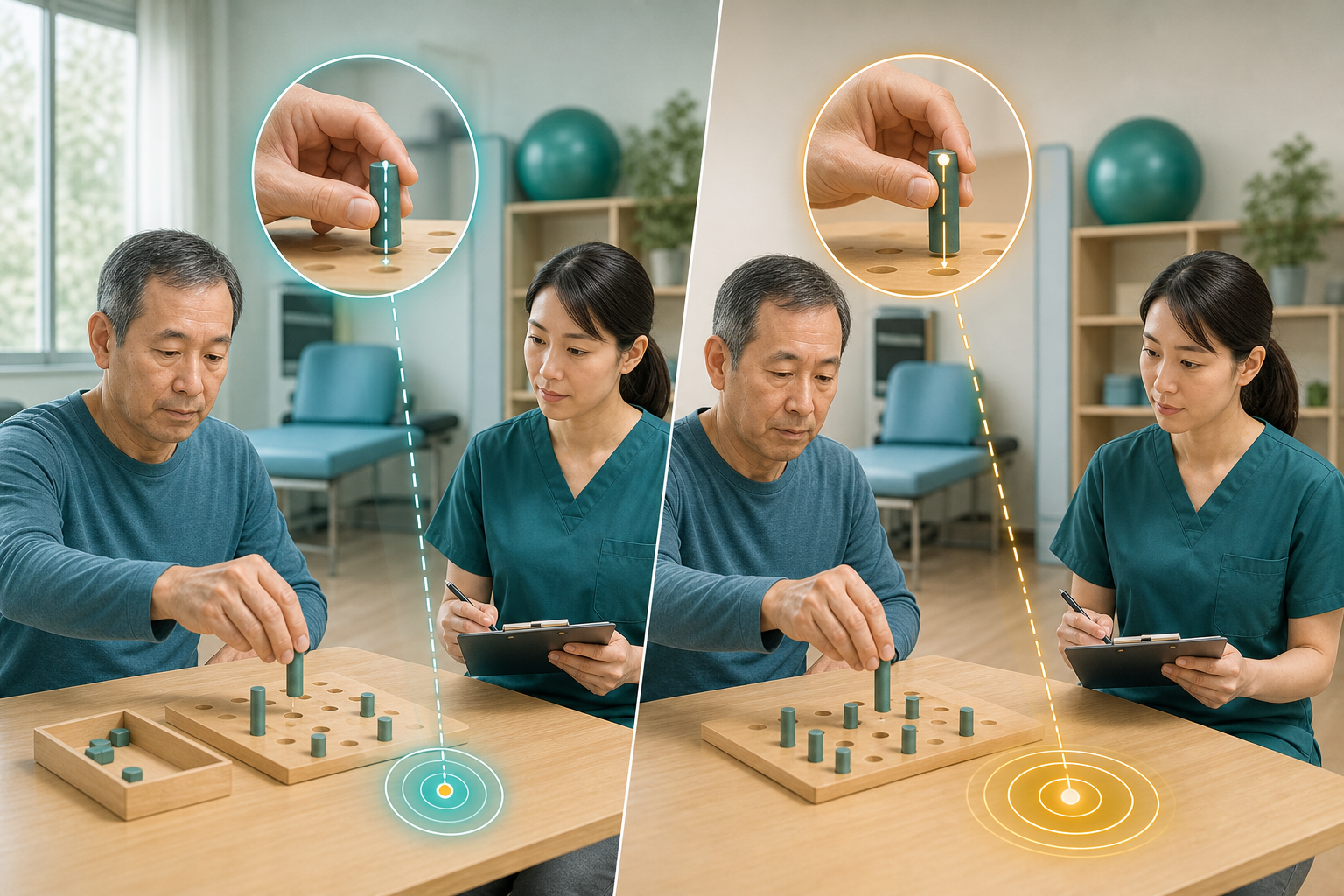 同じ上肢課題を繰り返し評価し、小さな変動と意味のある変化を慎重に見分ける場面