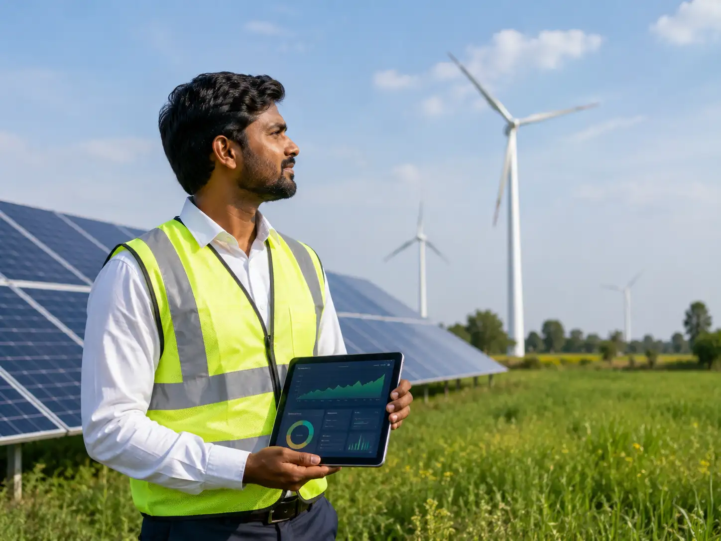 Sustainability officer reviewing environmental impact data in a green field