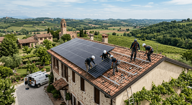 Installazione di pannelli fotovoltaici su un tetto in Veneto.
