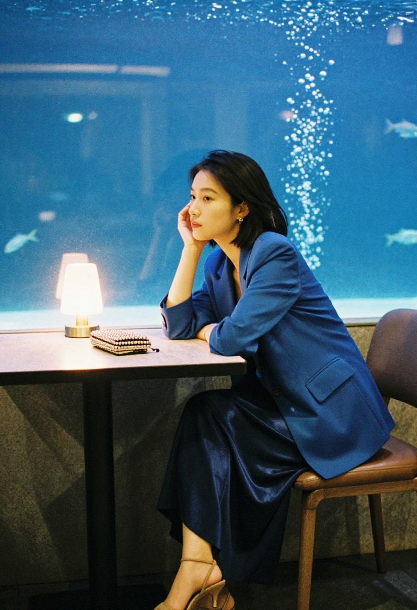 Structured sapphire blazer and navy wide-leg trousers for a polished moody aquarium café look
