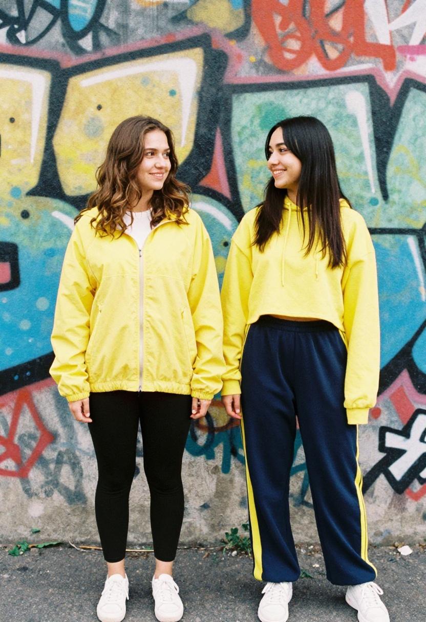 Two friends in coordinated electric yellow athletic sets for game day