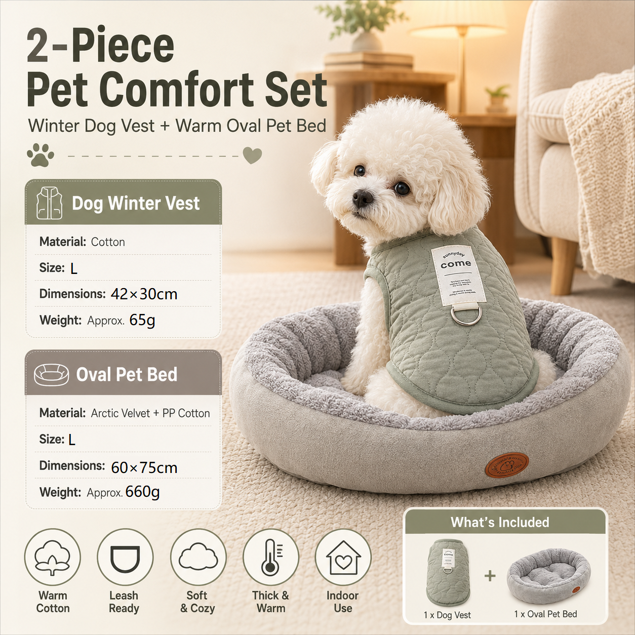 Winter Pet Care Bundle - L Size 42*30cm Green Quilted Dog Vest with Leash Ring and L Size 60*75cm Grey Oval Arctic Fleece Bed - Warm Cotton Outerwear, Plush Sleep Nest for Small Dogs and Cats