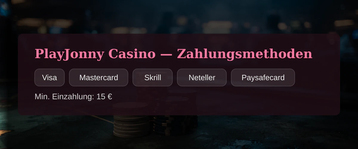 PlayJonny Casino — Zahlungsmethoden: Visa, Mastercard, Skrill, Neteller, Paysafecard