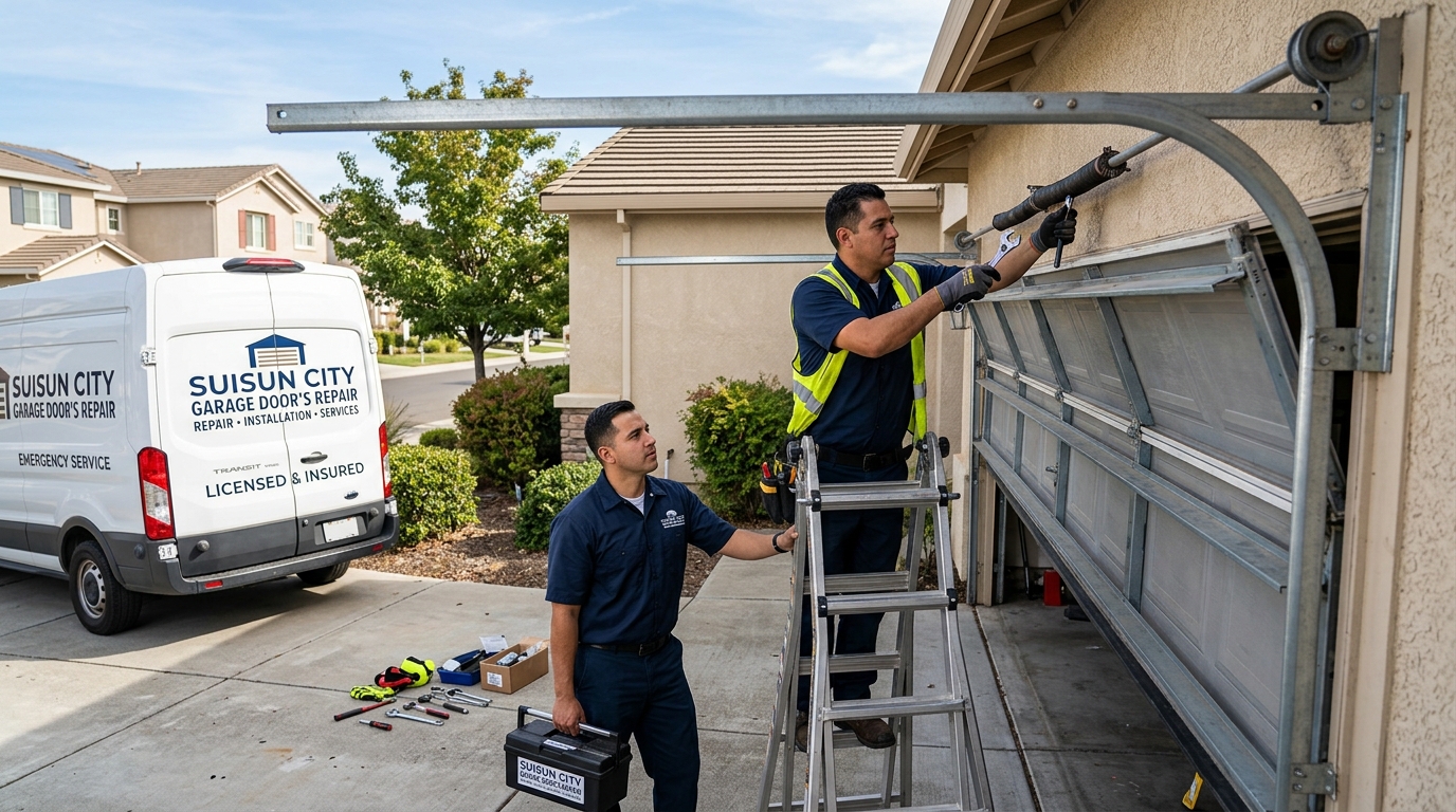 Garage door technician repairing a residential garage door in Suisun City