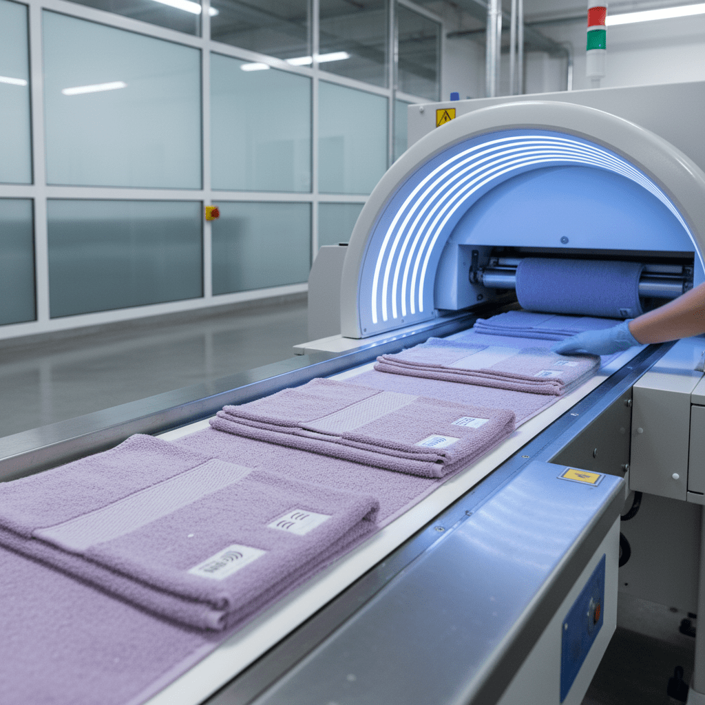 RFID-tagged hotel towels being scanned at a laundry checkpoint