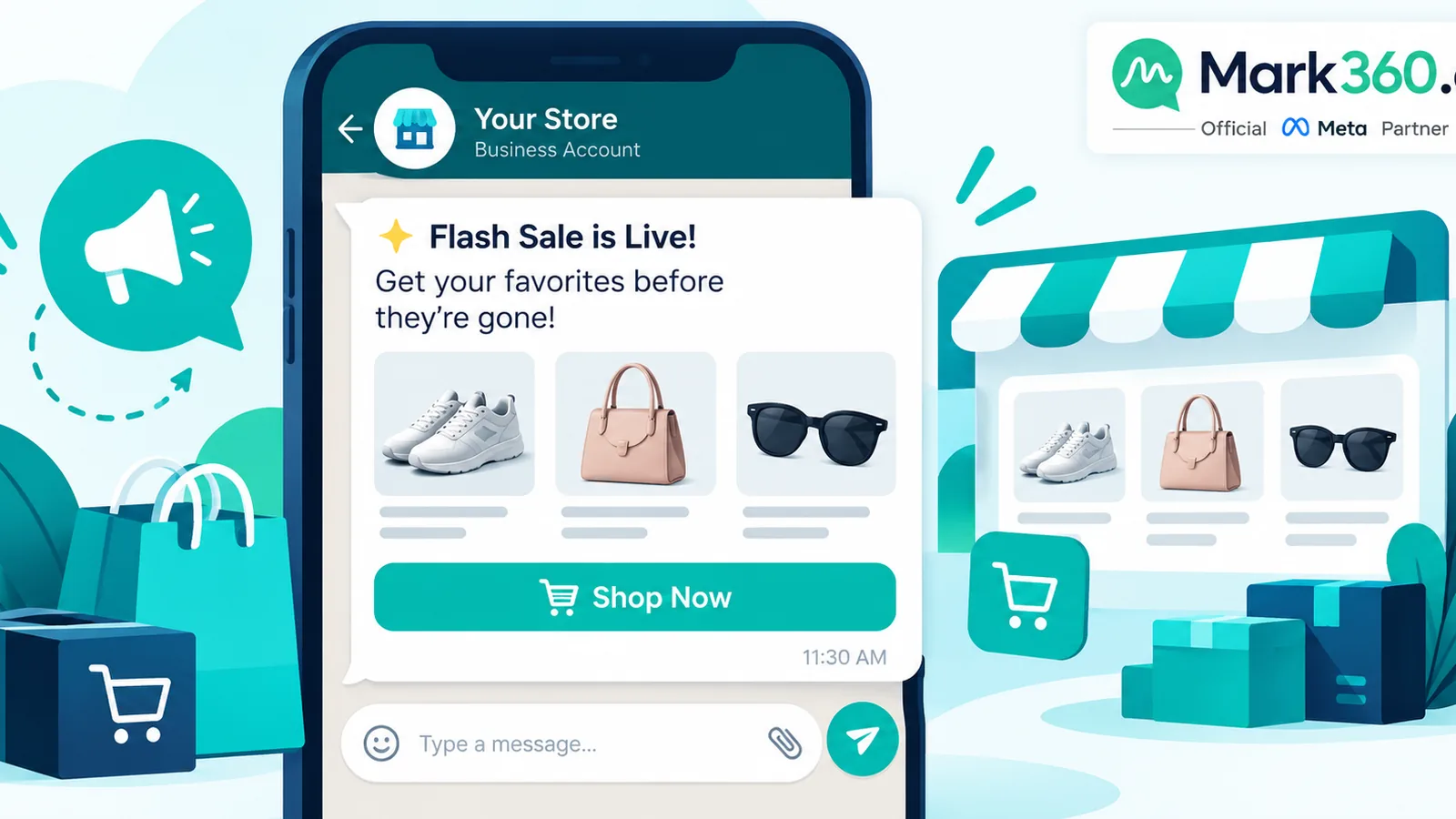Ecommerce flash sale WhatsApp marketing template broadcast to opted-in buyers with Shop button