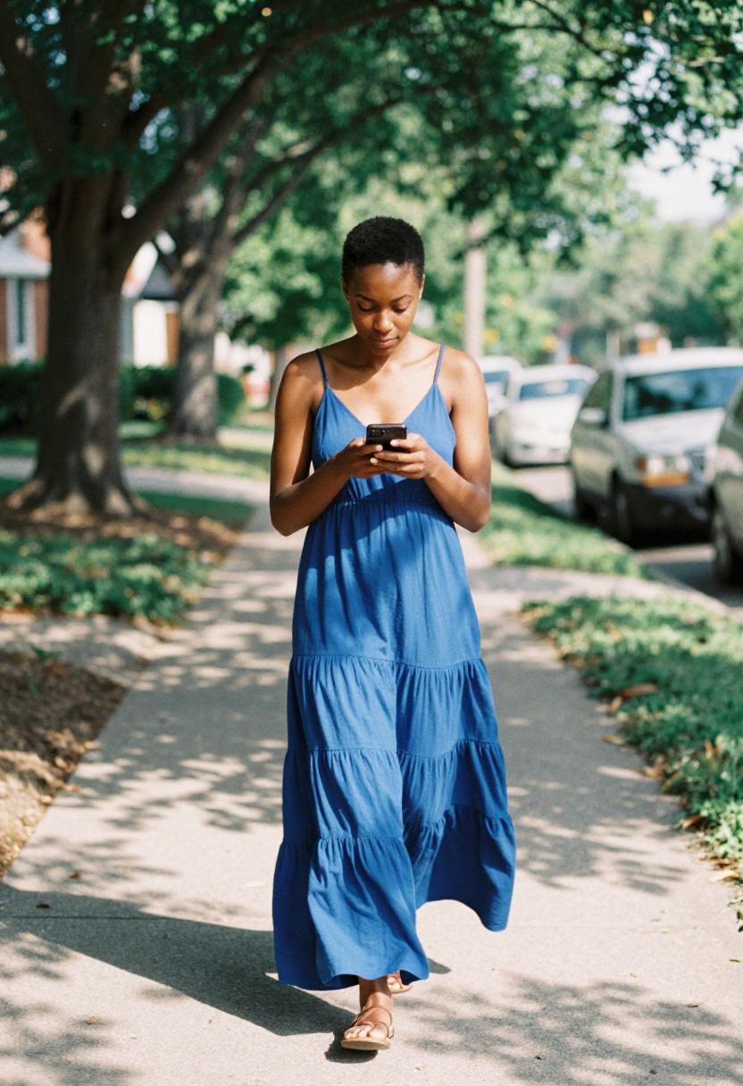 Cobalt blue tiered maxi dress flowing on a sun-dappled tree-lined sidewalk in spring