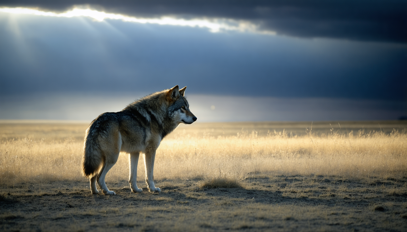 A lone wolf standing at the edge of a windswept grassland at dusk, watching, muscles still.