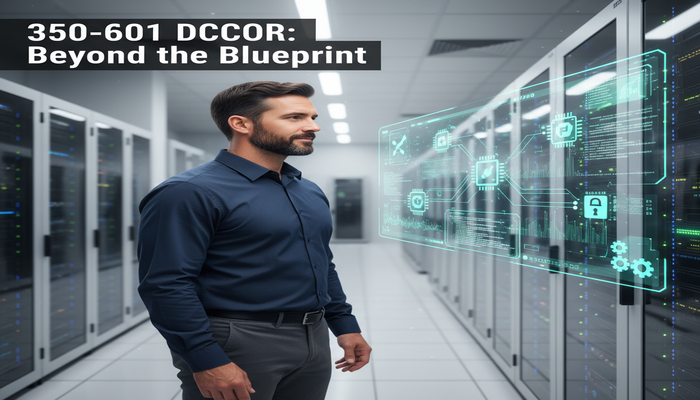 350-601 DCCOR: Beyond the Blueprint A professional man in a modern Cisco data center intently observes a glowing holographic display that illustrates integrated network, compute, storage, and automation components. The visual symbolizes a deep, holistic understanding of the 350-601 DCCOR exam topics, extending beyond its official blueprint for Cisco CCNP Data Center.