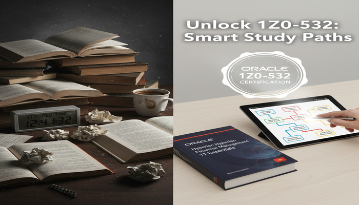 Unlock 1Z0-532: Smart Study Paths A split image contrasting chaotic, unfocused study on the left with a clean, strategic study plan leading to an Oracle 1Z0-532 Certification badge on the right, featuring a focused hand pointing to organized material.