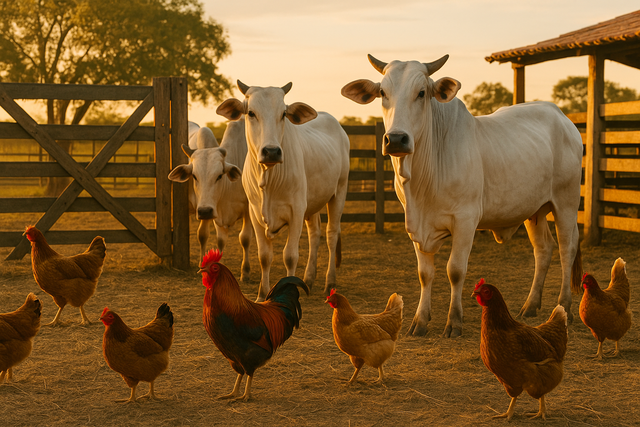 Criação de gado Nelore e galinhas em curral no ecossistema GP Holding