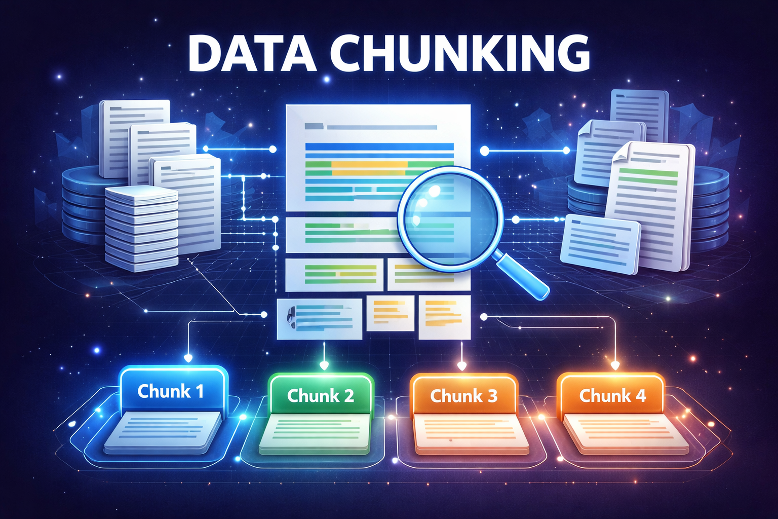 Text documents being broken into chunks and then transformed into vector embeddings