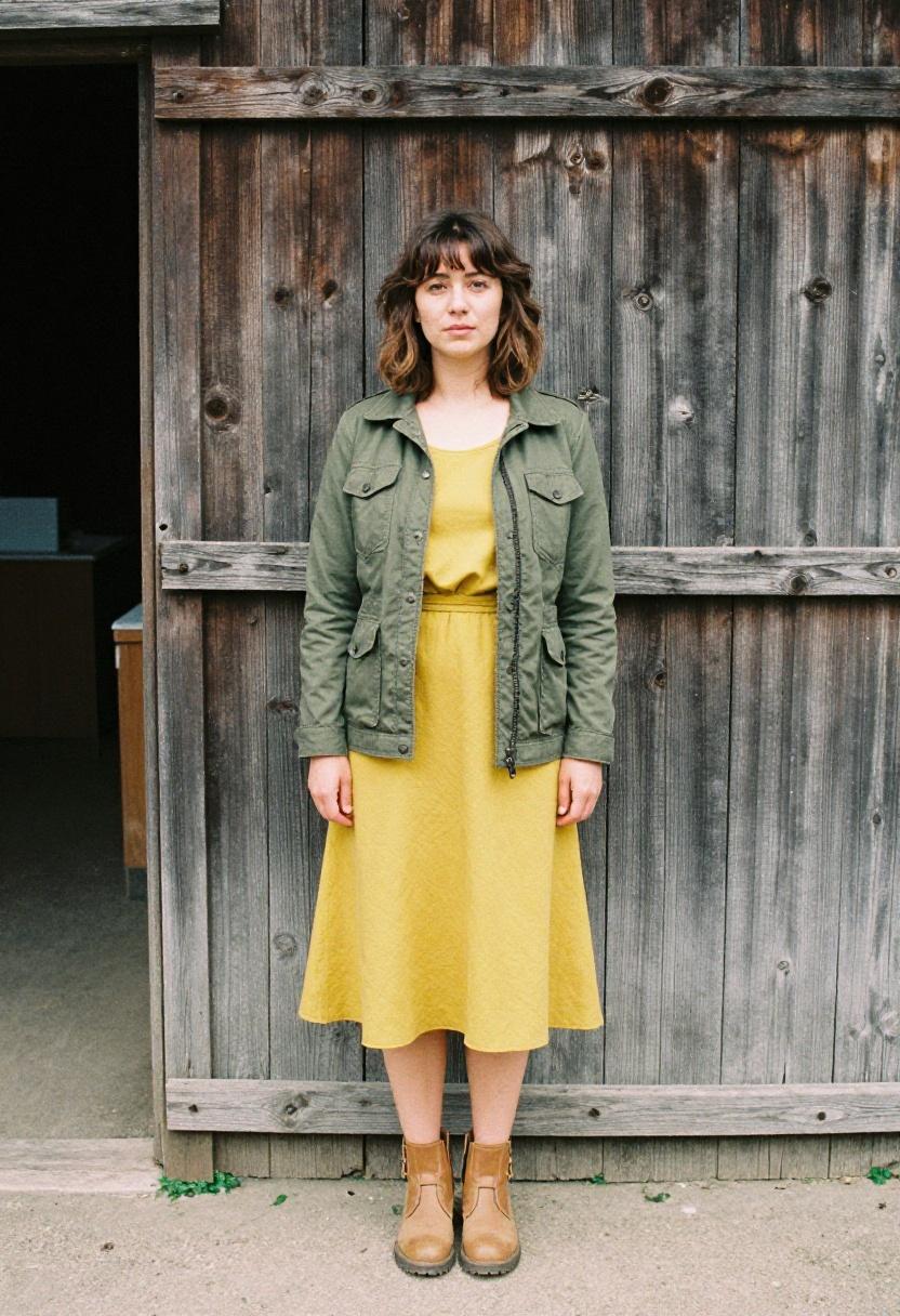 Mustard yellow midi skirt with utility jacket and lug-sole boots in rustic setting