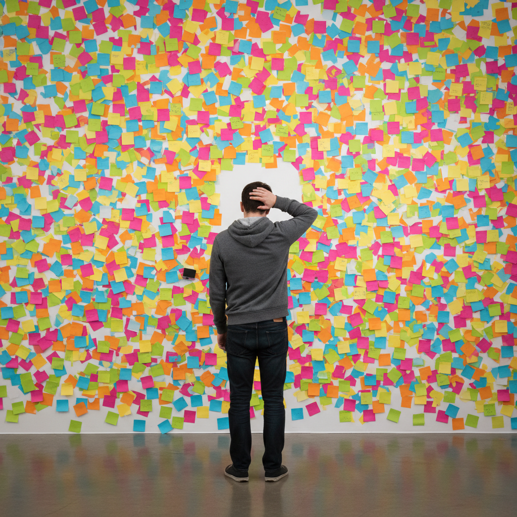 Analysis paralysis concept – man overwhelmed by too many options and sticky notes while making decisions