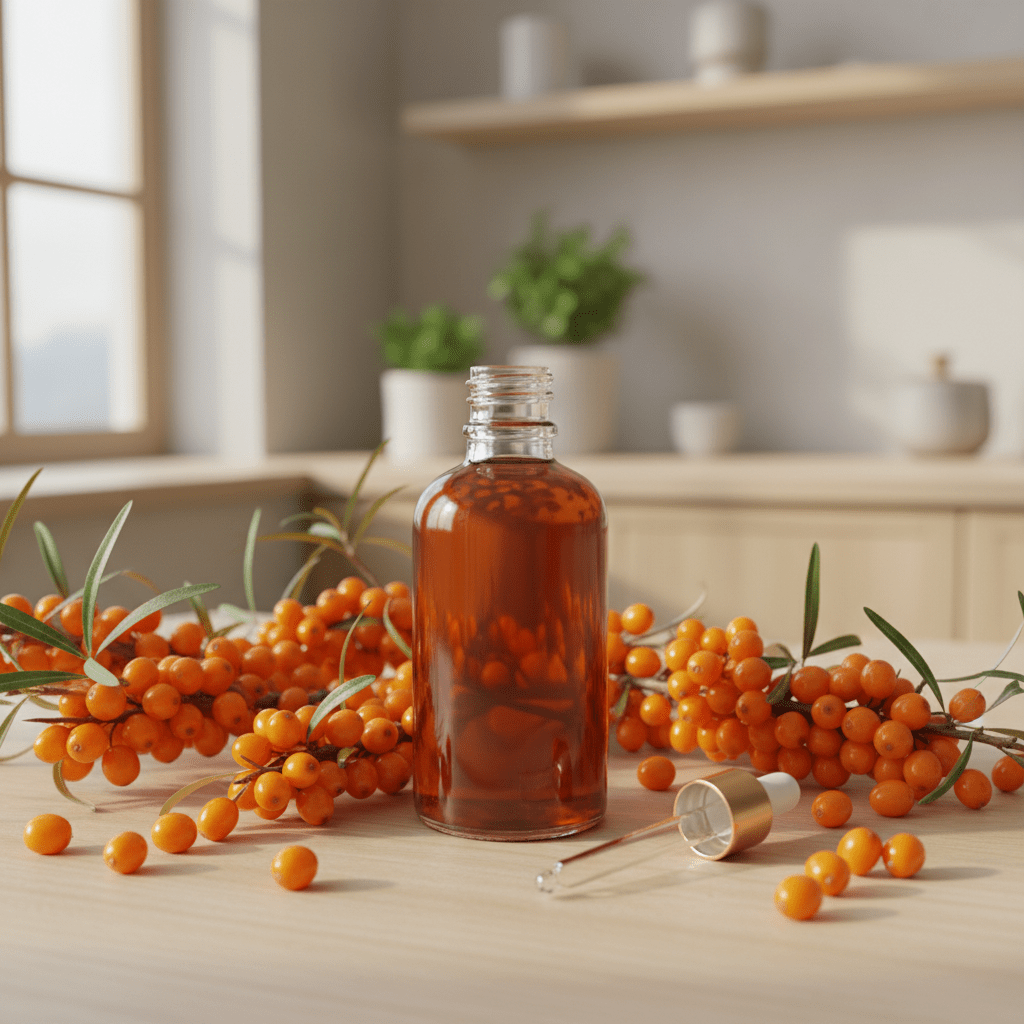 Bright orange sea buckthorn berries and oil bottle on a clean wellness kitchen counter
