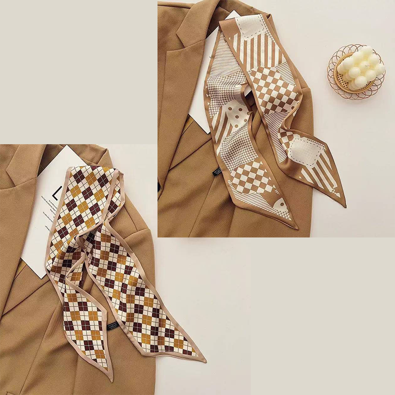 2-piece Coffee Geometric and Diamond Grid French Style Long Silk Scarf - Coffee Print - Versatile Skinny Neck Ribbon, Hair Tie, Bag Handle Accessory, Elegant Office Wear, Lightweight Polyester