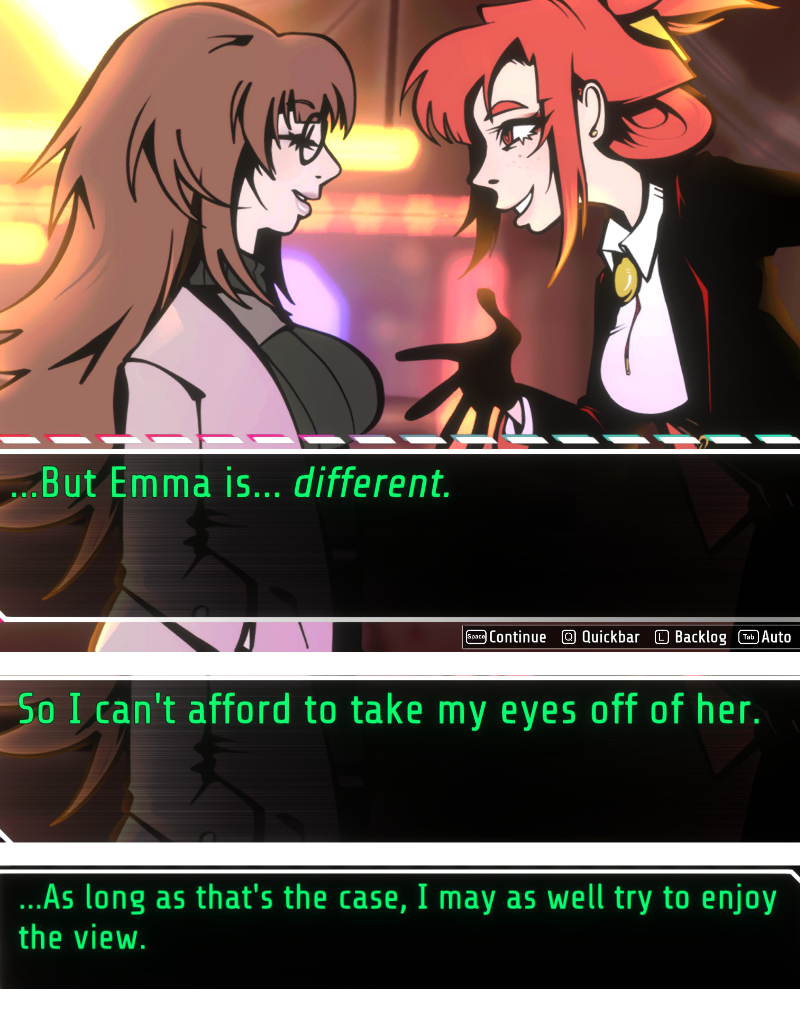 Morgan: But Emma is... different. So I an't afford to take my eyes off of her. As long as that's the case, I may as well try to enjoy the view.