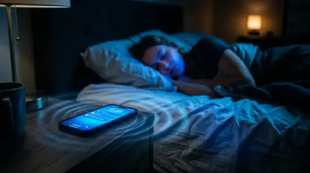 Glowing smartphone on nightstand casting blue light on sleeping person, eerie mood