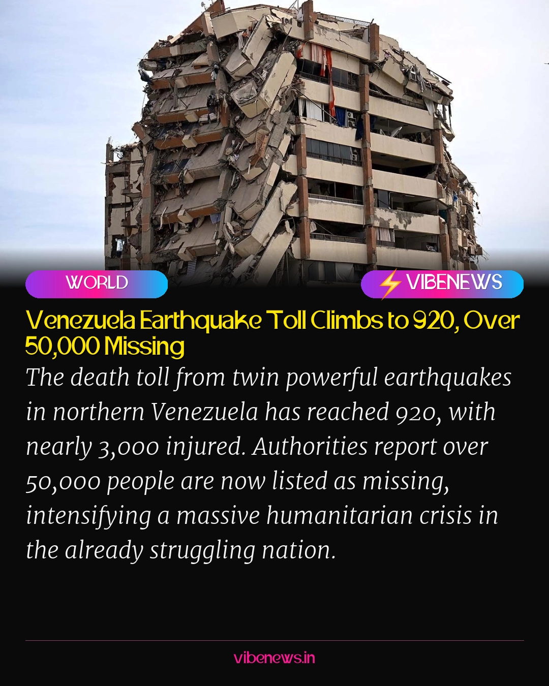 Venezuela Earthquake Toll Climbs to 920, Over 50,000 Missing
