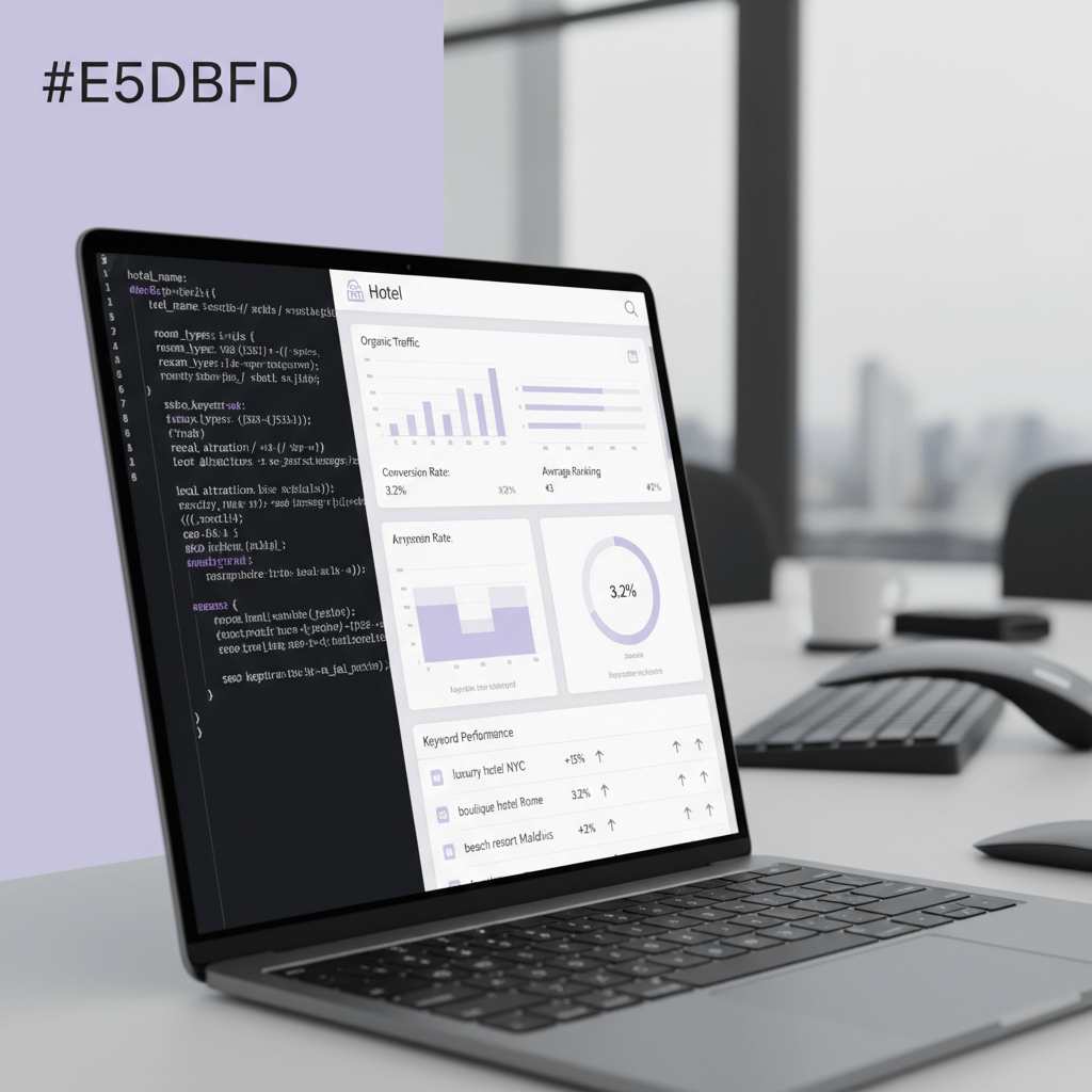 Close-up laptop with structured data code and hotel dashboard in a modern office