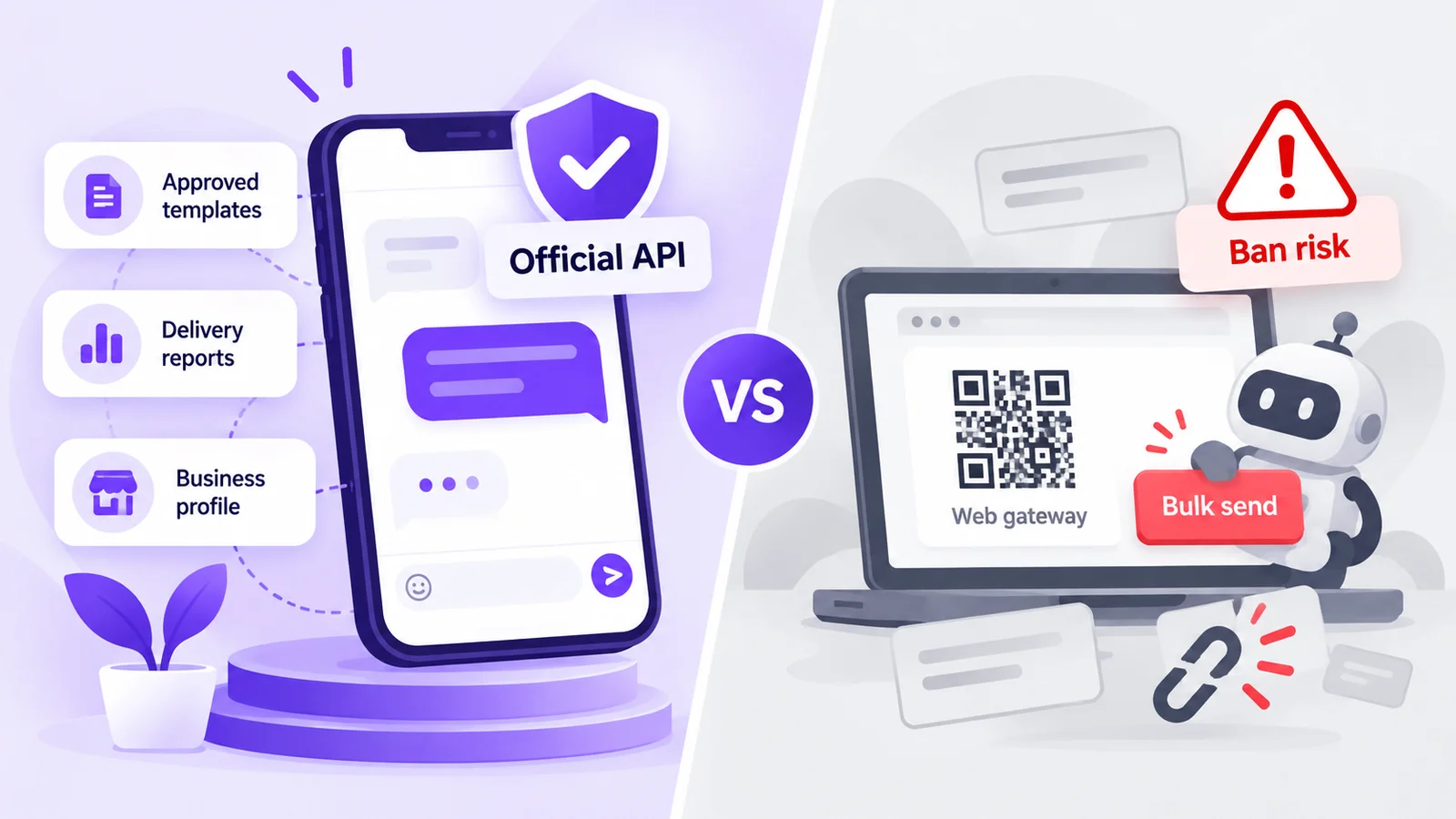 Official WhatsApp API compared with unofficial free WhatsApp API tools: approved templates and delivery reports versus a QR-code web gateway that risks a ban