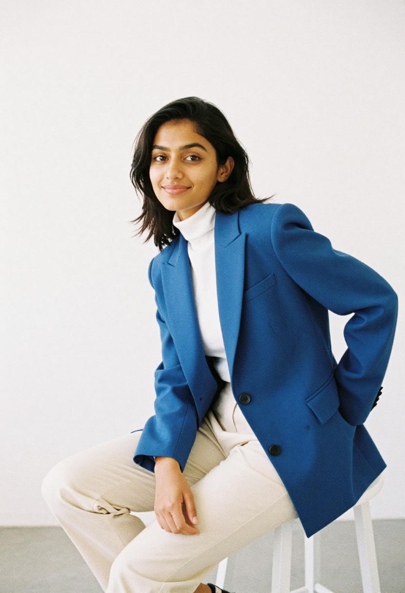 Cobalt blue blazer over turtleneck and tailored trousers creative office look