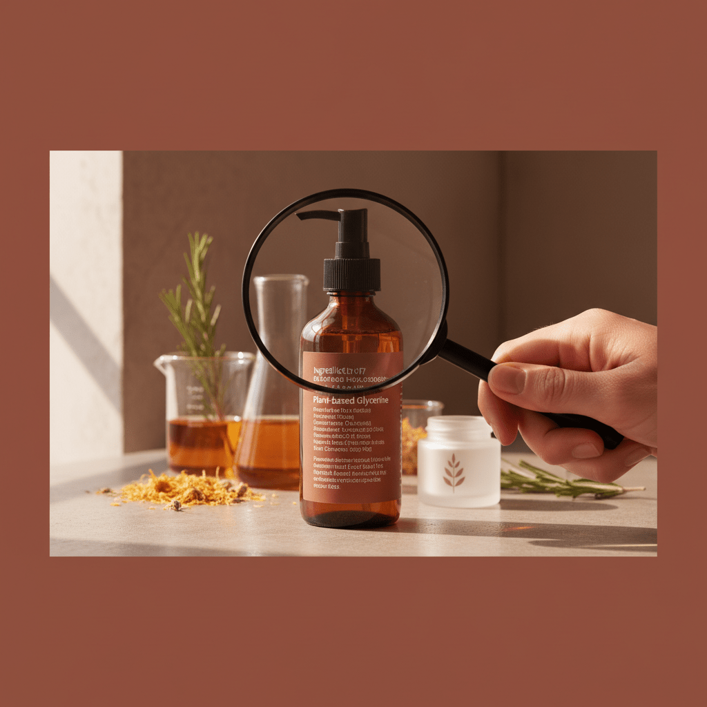 Skincare label inspection scene with ingredient list and magnifying glass