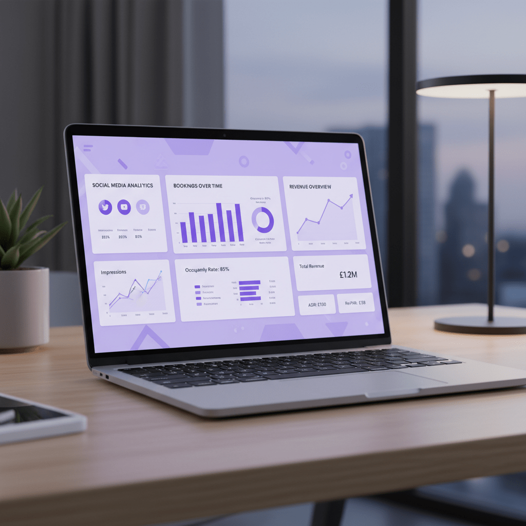 Hotel marketer reviewing social media ROI dashboard with bookings and revenue charts