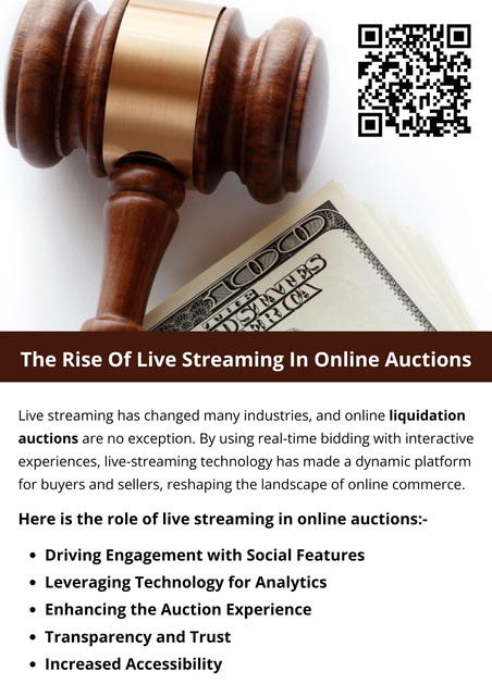 Live streaming has revolutionized online liquidation auctions, creating an immersive, real-time buyer experience. This technology fosters transparency, boosts bidder engagement, and expands audience reach globally. Auctioneers can showcase items in detail, building trust and excitement. By blending traditional auction dynamics with digital innovation, live streaming transforms the buying experience, making it more interactive and competitive. To know more vidit here https://www.auctionmasters.com/