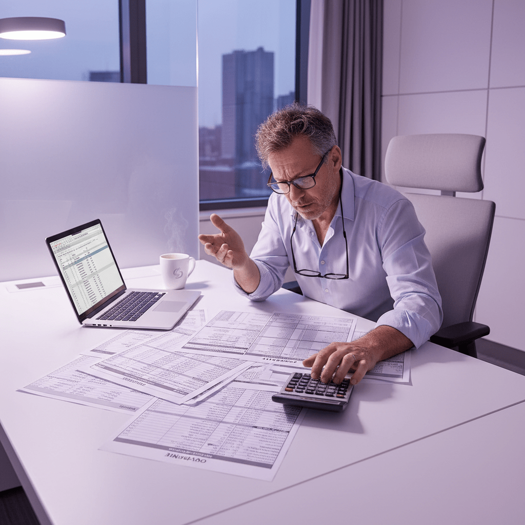 Hotel payroll desk with laptop, calculator, and overtime review in a modern hospitality office